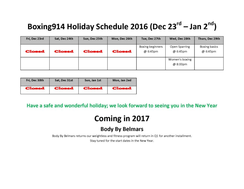 Boxing Holiday Schedule 2016